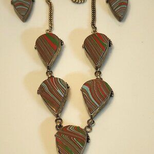 Fordite Rainbow Calsilica Multi Layer Necklace & Teardrop Earrings Set